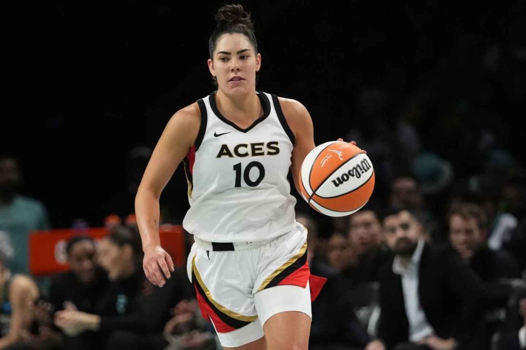 Kelsey Plum (10) of the Las Vegas Aces looks to pass during the second half of Game 4 of the WNBA final playoff series against the New York Liberty on Wednesday, Oct. 18, 2023, in New York. The Aces triumphed 70-69.