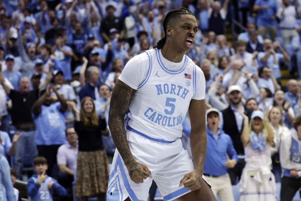 North Carolina forward Armando Bacot reacts after dunking on Duke during the first half of an NCAA college basketball game Saturday, March 4, 2023, in Chapel Hill, N.C. Bacot was picked to the preseason AP All-America men's NCAA college basketball team, which was announced Monday, Oct. 23, 2023.