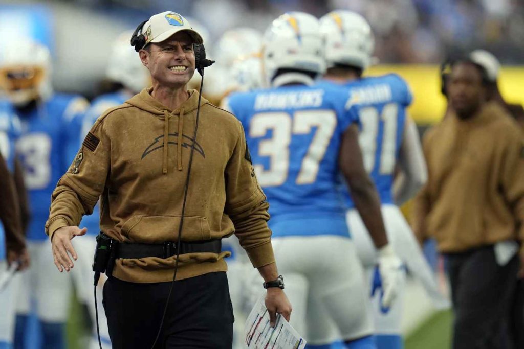 Head coach Brandon Staley of the Los Angeles Chargers reacts from the sideline during the first half of an NFL football game against the Detroit Lions on Sunday, Nov. 12, 2023, in Inglewood, Calif. (Photo by Gregory Bull)