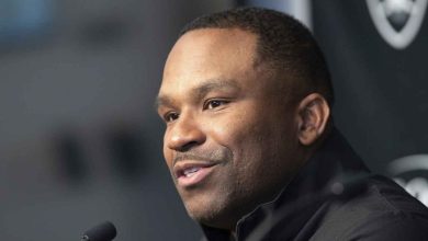 Champ Kelly, the acting general manager of the Las Vegas Raiders, talks to reporters at a news conference in Henderson, Nevada, on November 1, 2023. Mark Davis, the owner of the Las Vegas Raiders, fired coach Josh McDaniels and general manager Dave Ziegler on Halloween night. He also did something unique by naming Antonio Pierce as the temporary coach and Champ Kelly as the acting GM. (Google Photo Credit)