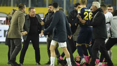 Referee Halil Umut Meler is seen lying on the ground on the right after being hit by Faruk Koca, president of MKE Ankaragucu, who is second from the left. This happened at the end of the Turkish Super Lig soccer match between MKE Ankaragucu and Caykur Rizespor in Ankara on Monday, December 11, 2023. All league games in Turkey have been put on hold because the head of a club punched the referee in the face at the end of a top-level game. Koca was arrested on Tuesday, December 12, 2023, along with two other people. They were charged with hurting a public officer after prosecutors questioned them. (Google search and photo credit)"