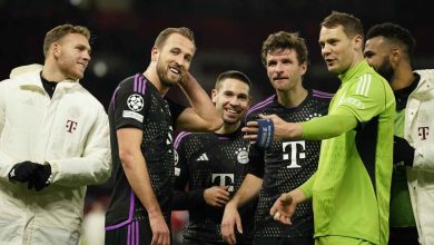 Manchester United and Bayern Munich played in the group A Champions League on Tuesday, December 12, 2023, at Old Trafford Stadium in Manchester, England. After the game, Bayern players celebrated. Bavaria won 1-0. (Dave Thompson took the picture)