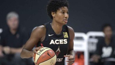 During the first half of a WNBA basketball game on September 29, 2020, in Bradenton, Fla., Las Vegas Aces forward Angel McCoughtry sets up a play. McCoughtry, who has won two Olympic gold medals, will play in the next Athletes Unlimited season. That year, she was the first player picked in the WNBA draft. Since 2021, she has only played in three games because of injuries. (Google Search Photo Credit)