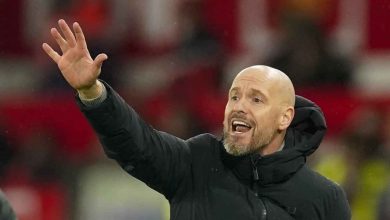 Manchester United's head coach Erik ten Hag reacts during the English Premier League soccer match between Manchester United and Chelsea at Old Trafford stadium in Manchester, England, Wednesday, Dec. 6, 2023. (AP Photo/Dave Thompson)