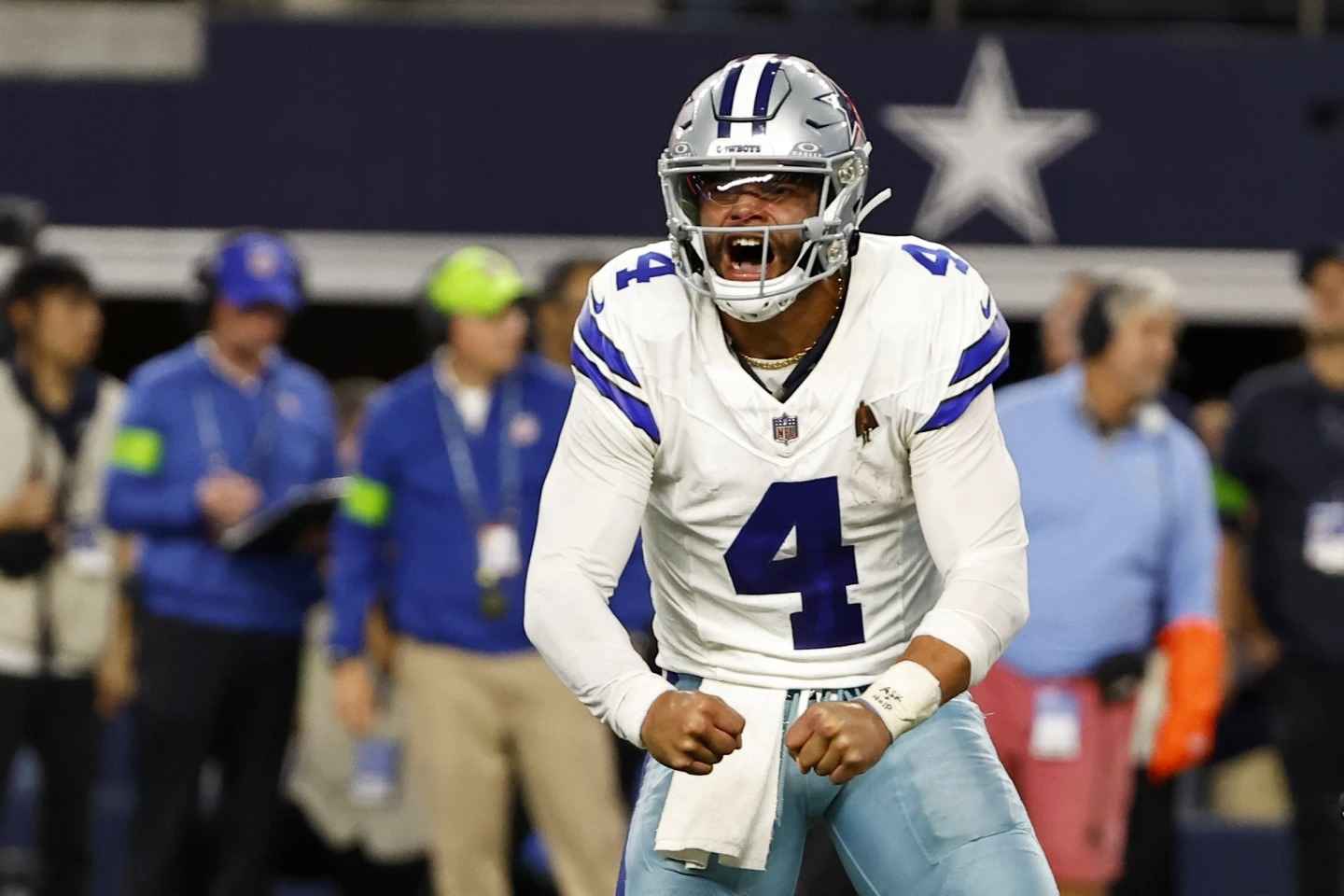 During the second half of an NFL football game against the Seattle Seahawks in Arlington, Texas, on Thursday, November 30, 2023, quarterback Dak Prescott of the Dallas Cowboys, who is four years old, celebrates after completing a touchdown pass to Jake Ferguson, who is not pictured. Photo Credit: Google (Image)